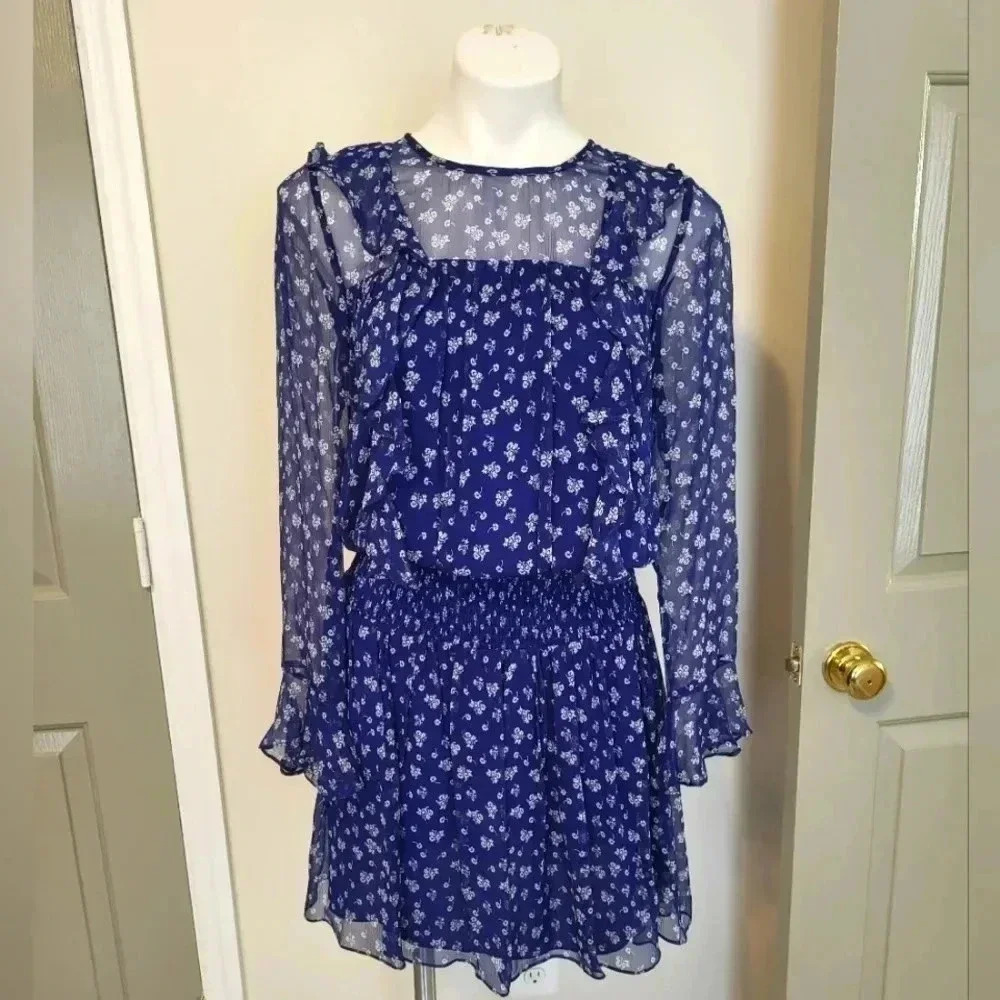 Shoshanna Country Floral Smocked Waist Ruffle Details 100% Silk Mini Dress(2)